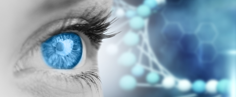Blue eye on grey face against blue dna strand with chemical structures
